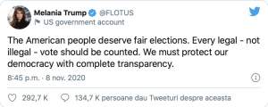 Reacția șocantă a Melaniei Trump, după ce soțul ei a pierdut alegerile! Mesajul transmis pe Internet: “Orice vot legal”