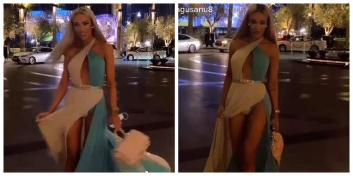 Bianca Drăgușanu se află în Dubai. Vedeta defilează pe stradă într-o rochie alb cu turcoaz și i se vede lenjerie intimă