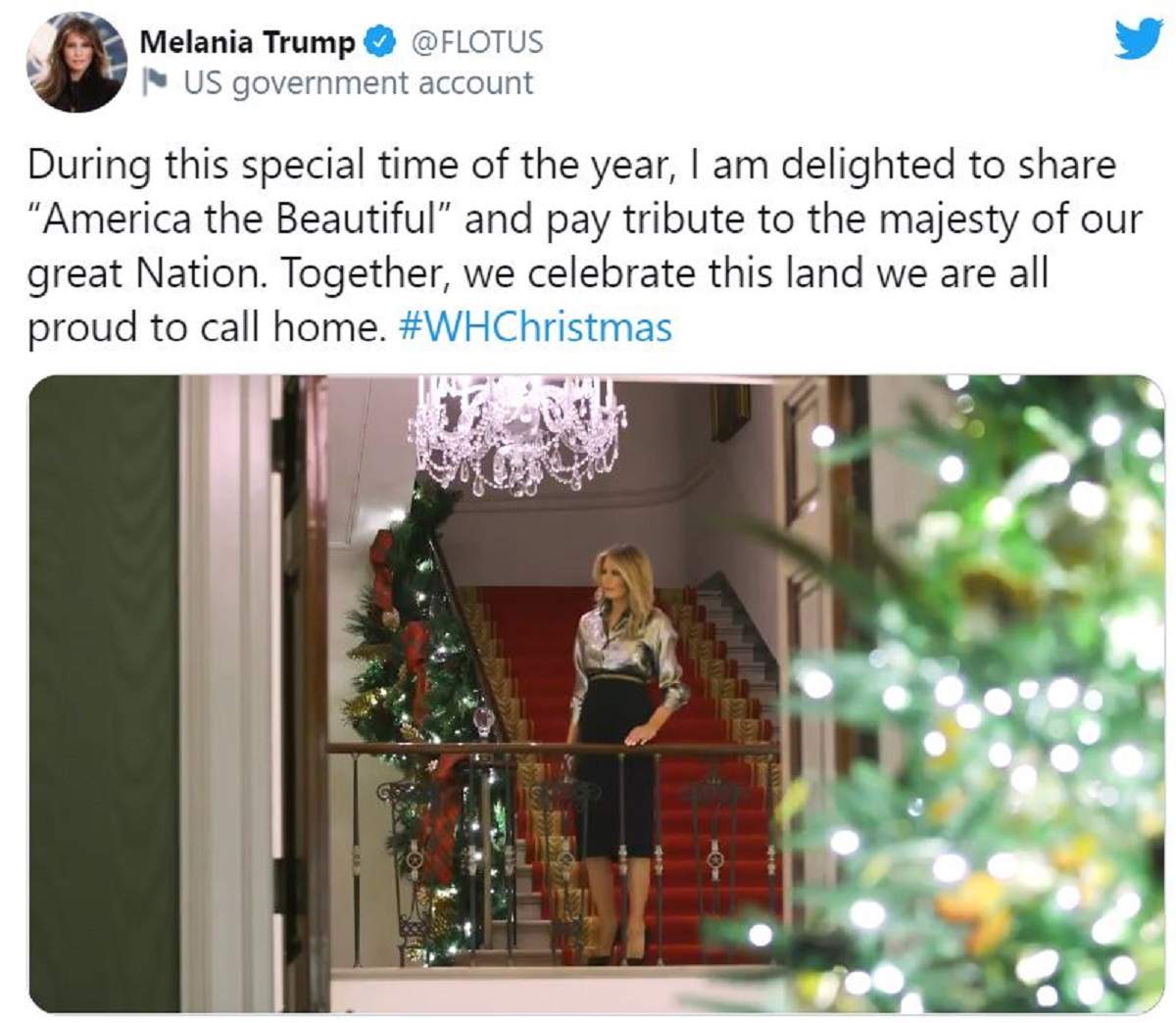 Melania Trump a postat un mesaj de Craciun pe Twitter, alaturi de un filmulet
