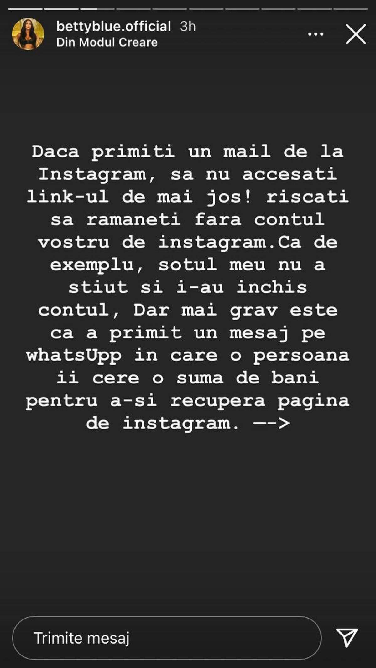 Betty a tras un semnal de alarmă pe Instagram, după ce soțul ei a fost șantajat.