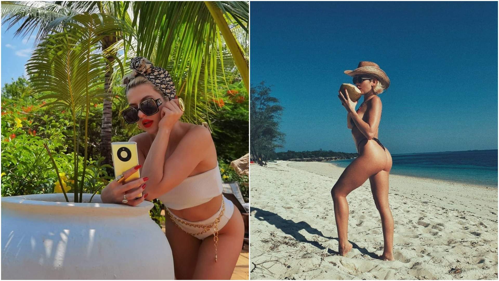 Colaj cu fotografii cu Lidia Buble, în costum de baie, din vacanța în Zanzibar.