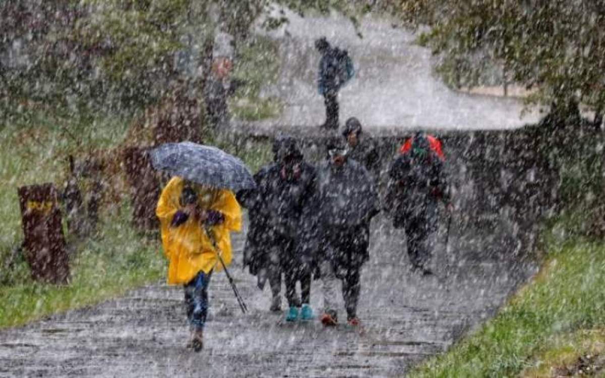 Mai mulți oameni, îmbrăcați de iarnă, aleargă prin ploaie, cu umbrelele în mână