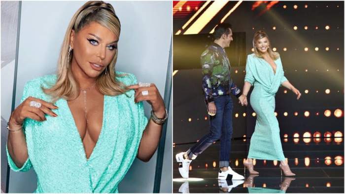 Colaj cu Loredana Groza în rochie turcoaz, pe scena X Factor.
