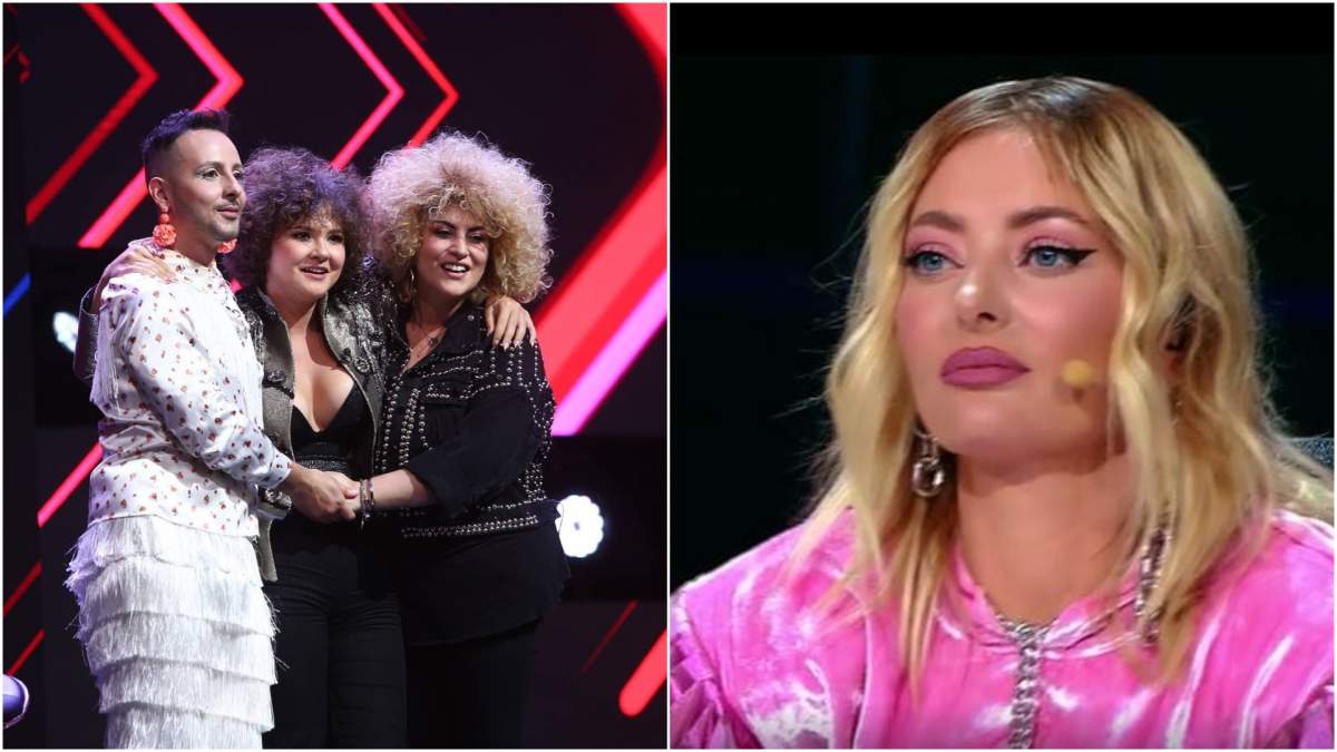 Colaj cu concurenții Deliei pe scena X Factor/ Delia, cu ochii în lacrimi.