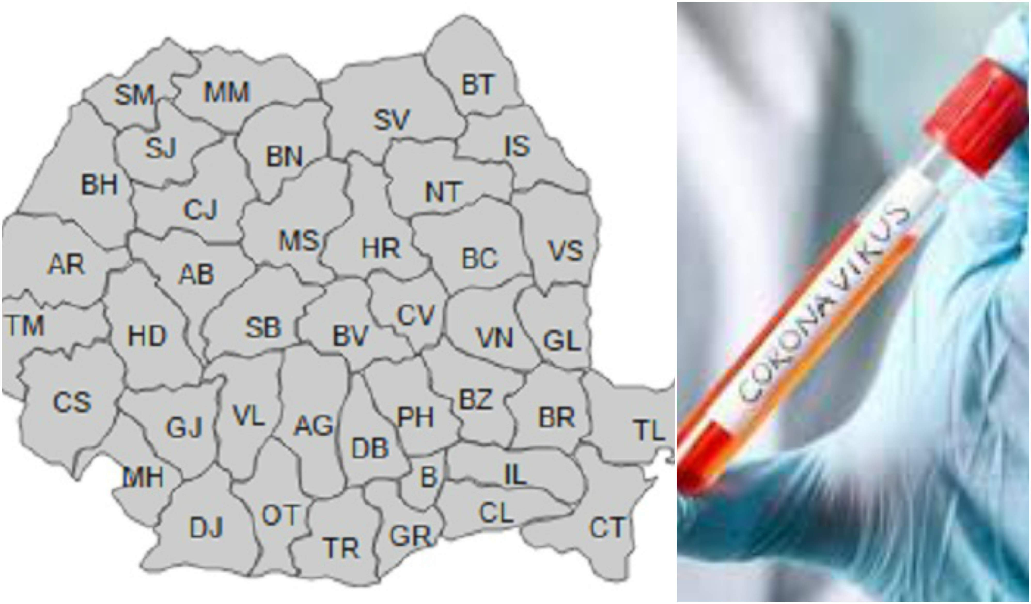 Colaj foto cu harta romaniei pe judetețe și o fotografie ilustrativă pentru noul coronavirus