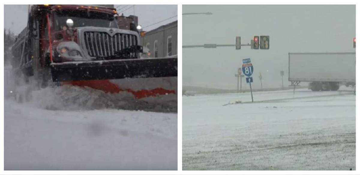 Un colaj cu furtuna de zăpadă din SUA. Mașinile speciale îndepărtează ninsoarea de pe străzi.