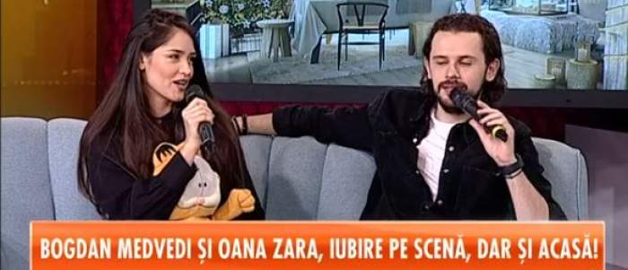 Oana Zara și Bogdan Medvedi, îmbrăcați în negru, la Antena Stars