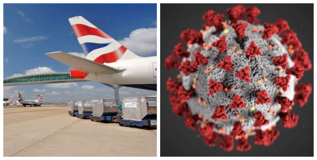 Imahine cu un avion care are pe coada steagul Marii Britanii, in paralel cu imagine ilustrativa pentru coronavirus