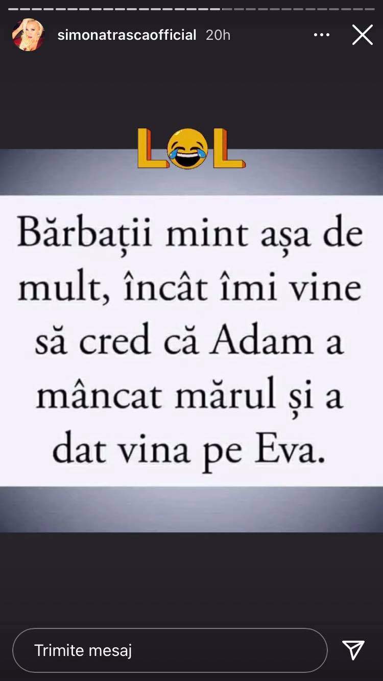 Mesajul Simonei Trașcă la adresa bărbaților postat pe Instagram.