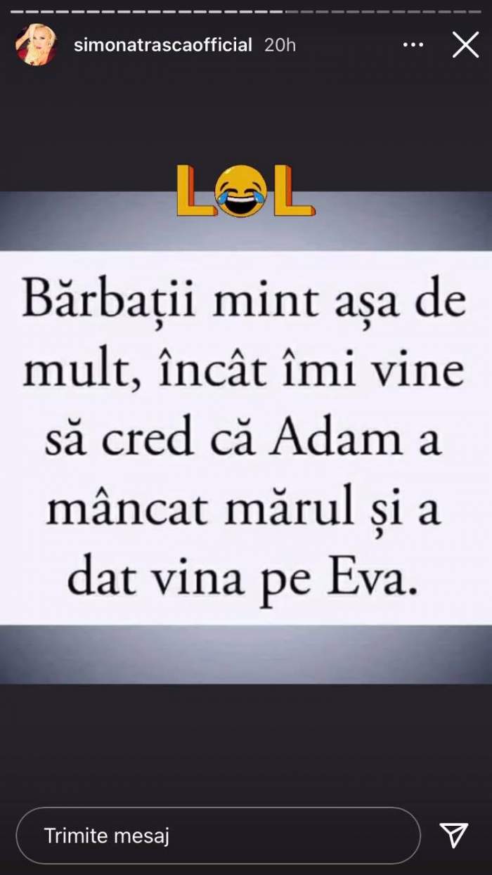 Mesajul Simonei Trașcă la adresa bărbaților postat pe Instagram.