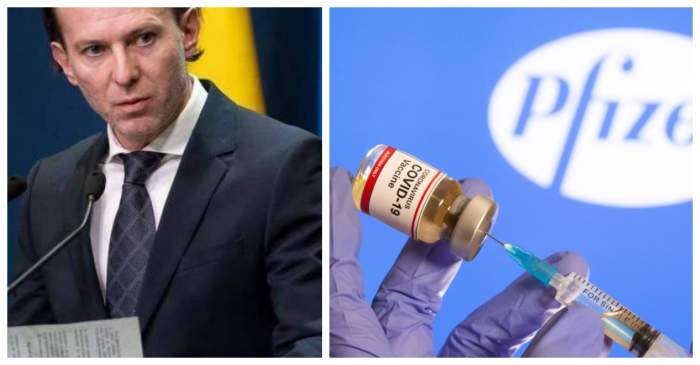 Florin Citu este la un pupitru, da o declaratie, in dreapta o imagine reprezentativa cu o doza de vaccin anti-covid-19 de la pfizer