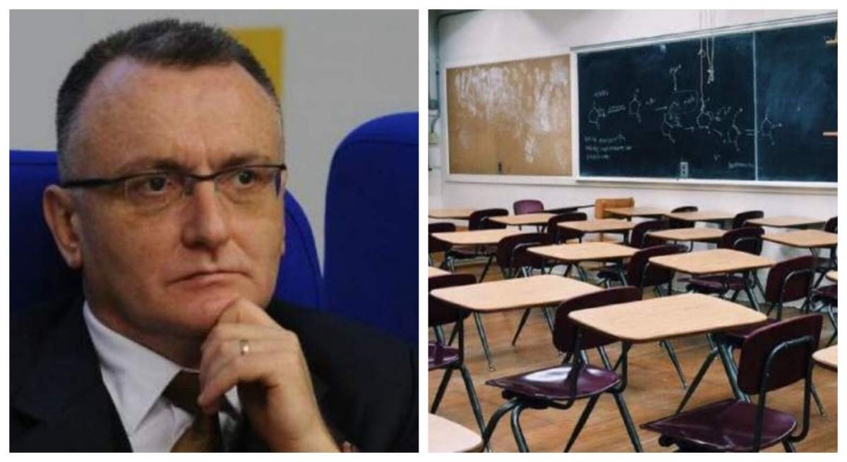 Sorin Cimpeanu sta pe un scaun albastru si iti tine mana pe barbie, in dreapta este o imagine cu o sala de clasa goala