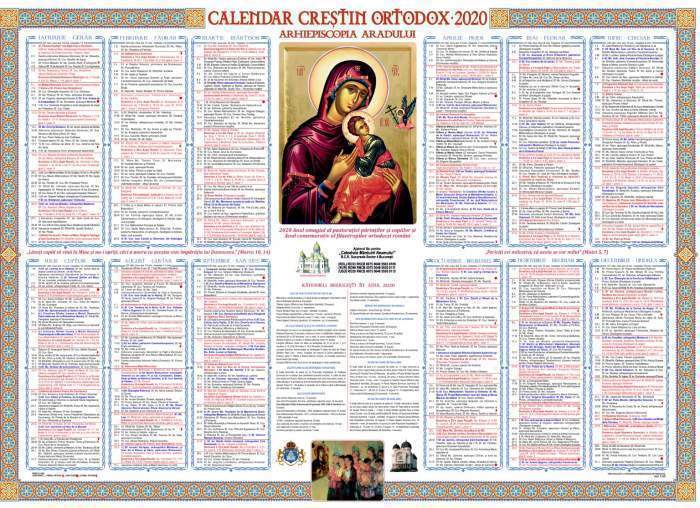 Calendarul ortodox. În mijloc este o imagine cu Maica Domnului și Iisus Hristos.