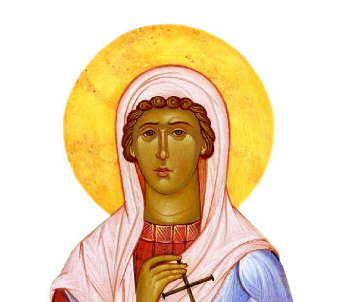 O icoană cu Sfânta Muceniță Anisia din Tesalonic. Aceasta poartă veșminte în nuanțe de roz și bleu.