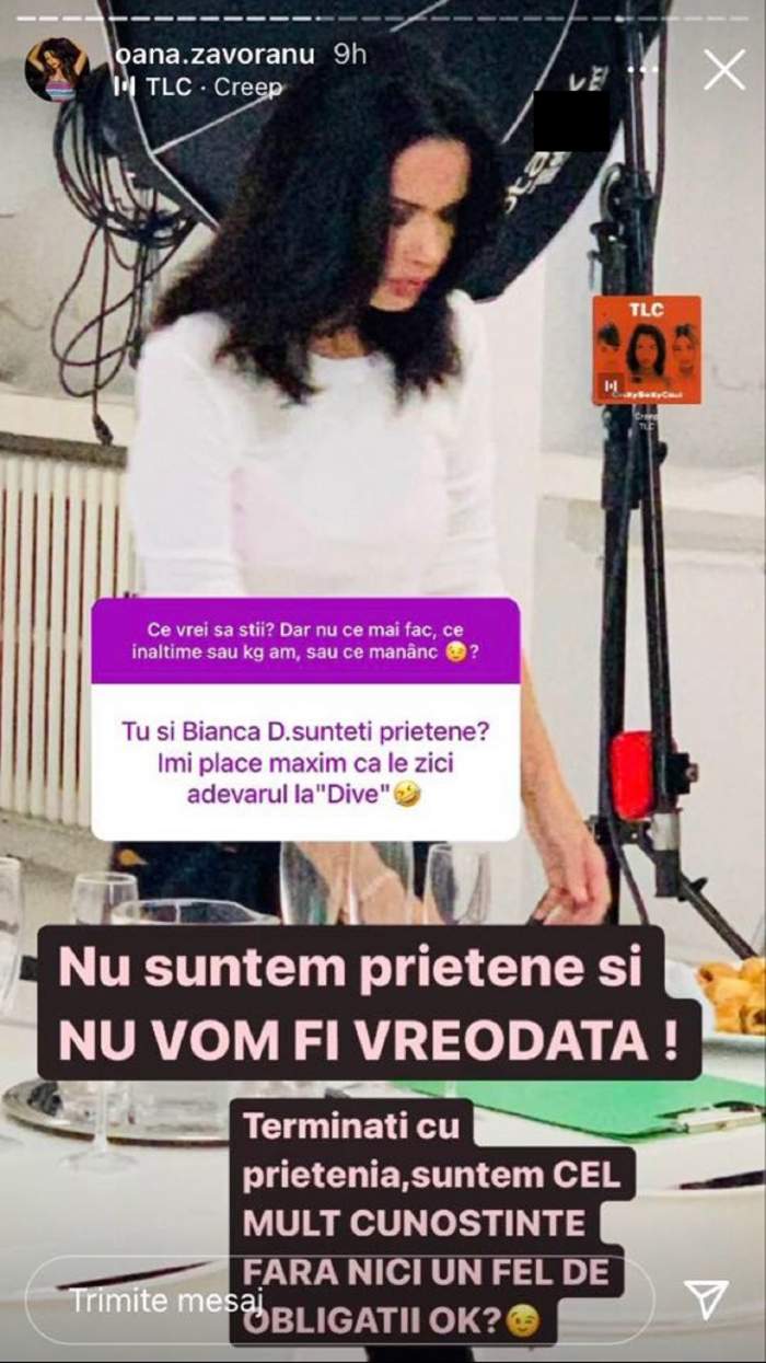 Mesajul a postat un mesaj pe Instagram prin care spune că ea și Bianca Drăgușanu nu sunt prietene