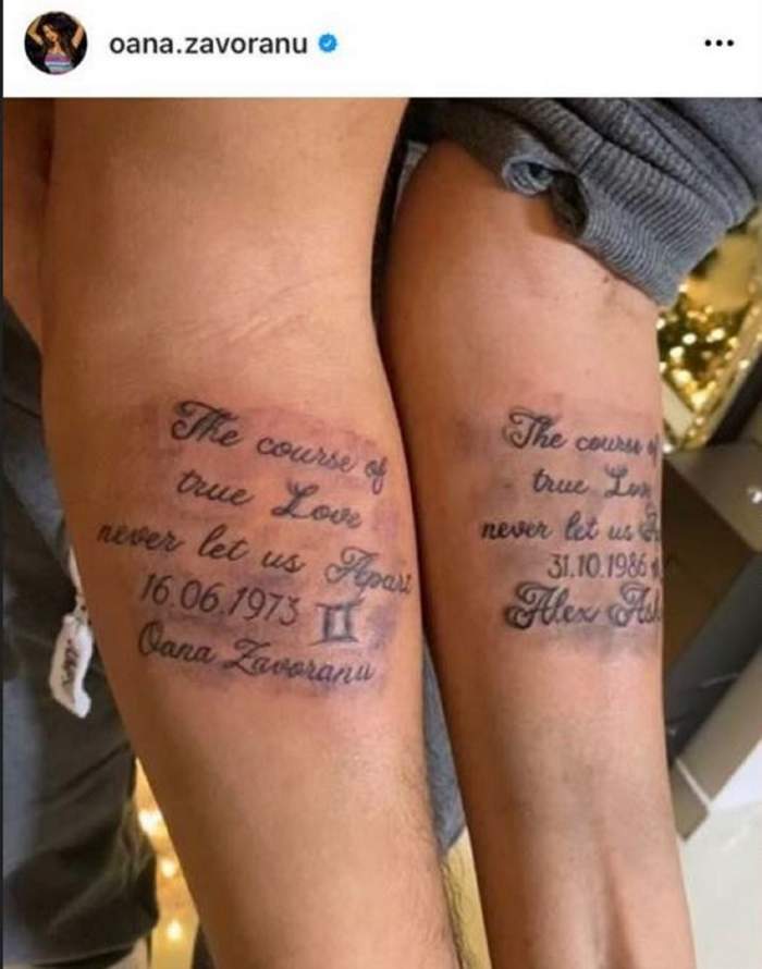 Oana Zăvoranu și Alex Ashraf și-au pus antebrațele unui lângă altul că le arate fanilor de pe Instagram tatuajele lor de cuplu.