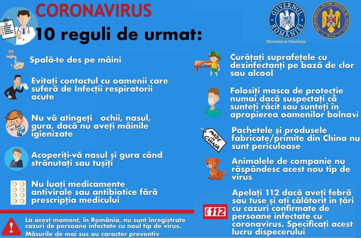 Lista celor 10 sfaturi ale Ministerului Sănătăţii, pentru a ne feri de infecţia cu noul coronavirus
