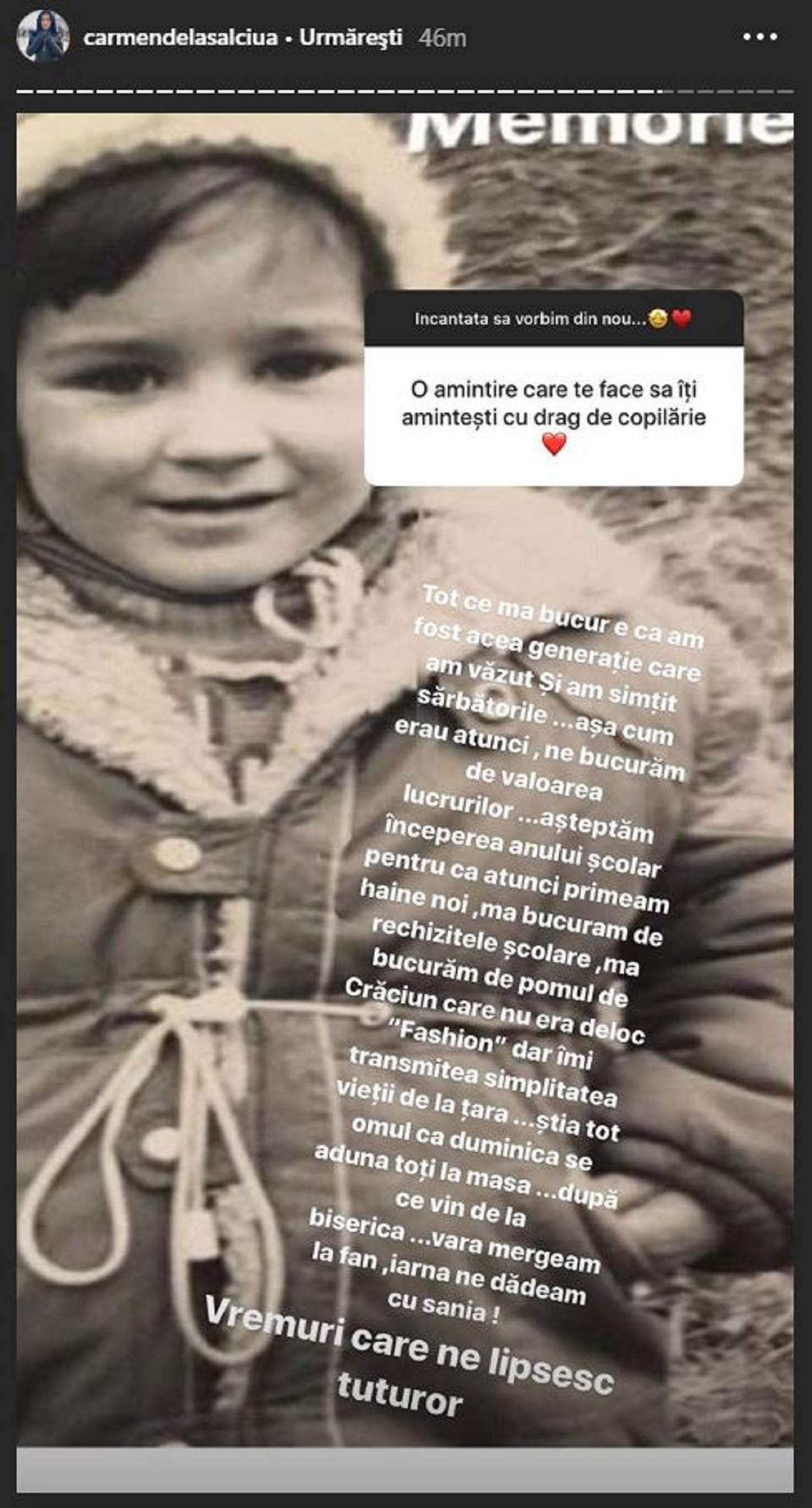 FOTO / Carmen de la Sălciua, fotografie din copilărie. Care sunt cele mai de preţ amintiri ale artistei