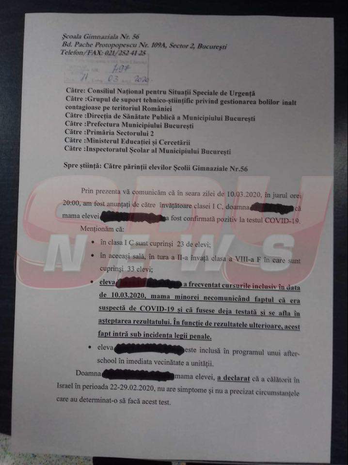 București. Fiica unei femei infectate cu coronavirus a fost la școală până marți, 10 martie