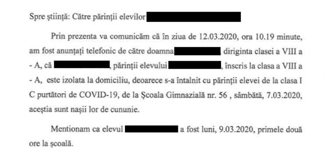 Alerta continuă în cazul fetiței femeii diagnosticate cu coronavirus! Părinții acesteia s-au întâlnit cu alți părinți de la altă școală