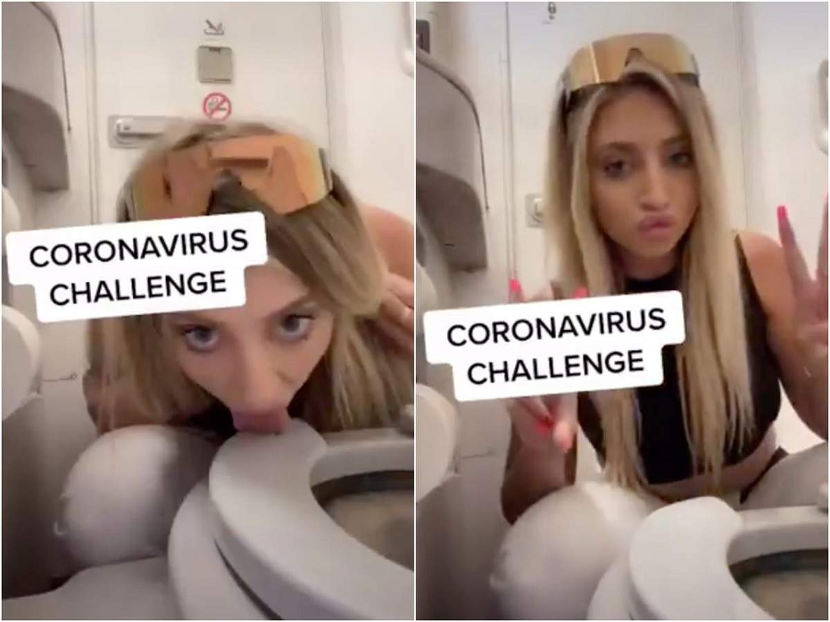 „Provocarea coronavirusului”. Tânăra care s-a filmat în timp ce lingea colacul unui WC din avion și a postat imaginile pe net