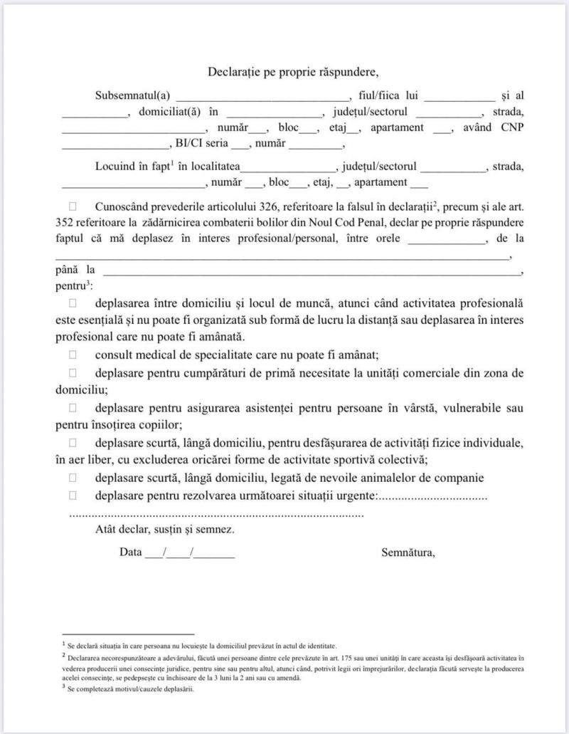 Cum arată și cum se completează adeverința pe proprie raspundere pe care trebuie să o ai cu tine când ieși din casă