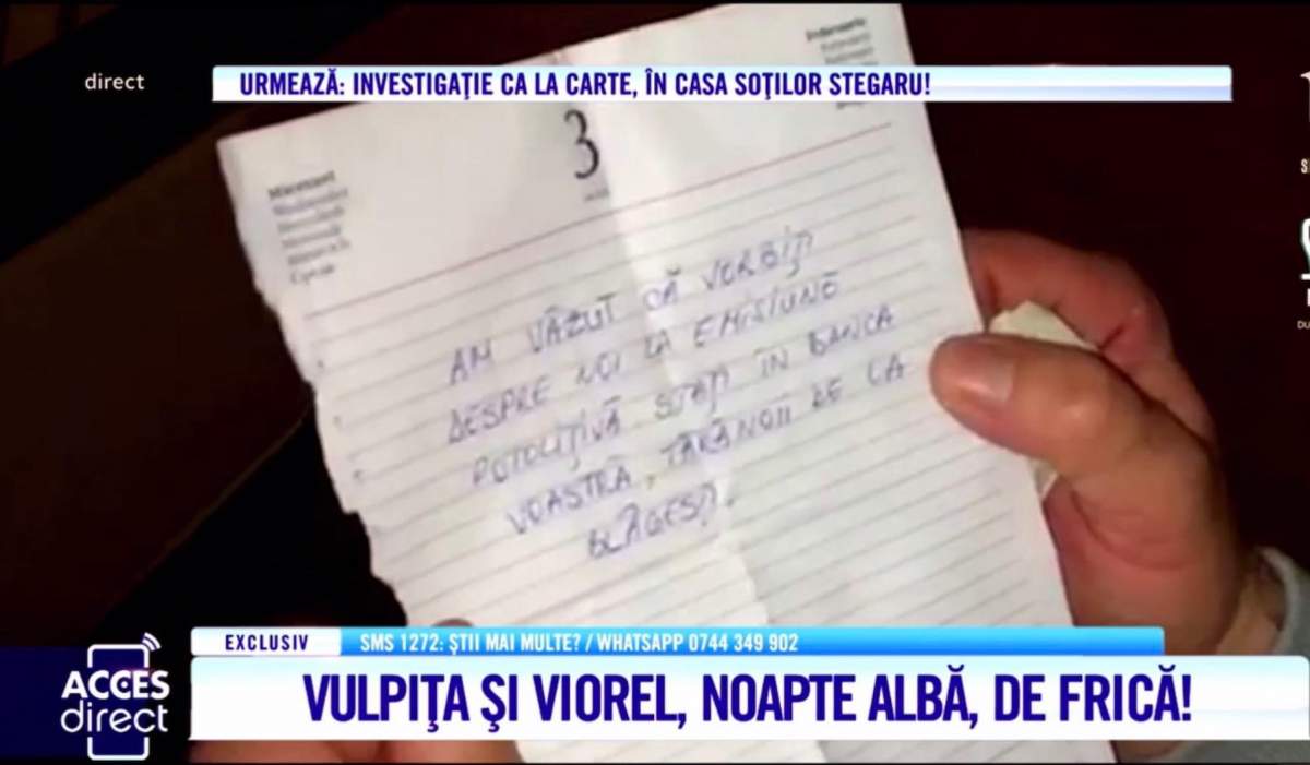 Ce scrie în bilețelul primit de soții Stegaru, în ușa locuinței! Vulpița și Viorel, mai speriați ca niciodată / VIDEO