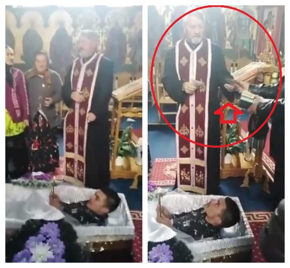 Noi imagini de la ritualul din biserică! Preotul, filmat în timp ce ia bani. Unul dintre tineri, în sicriu / VIDEO