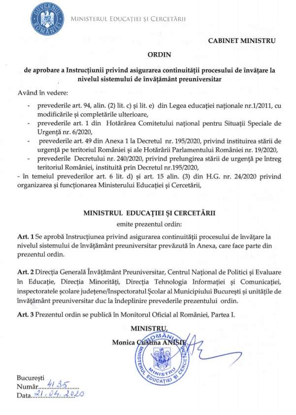 Instrucțiunile pentru învățământul la distanță, emis de ministerul Educației. Care sunt măsurile prevăzute de ministru. Documentul oficial / FOTO