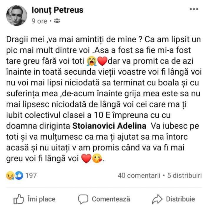 Un adolescent de 16 ani a fost adus din Italia, pentru a muri acasă! Ionuț și-a luat „adio” printr-un mesaj pe Facebook: „S-a terminat cu boala și cu suferința”