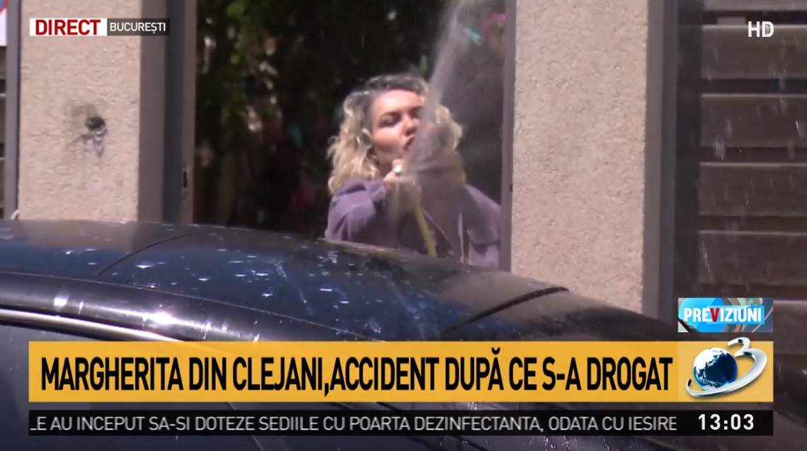 Viorica de la Clejani, ieșire nervoasă în direct. A aruncat o sticlă de lapte într-o jurnalistă și a stropit cu furtunul / VIDEO