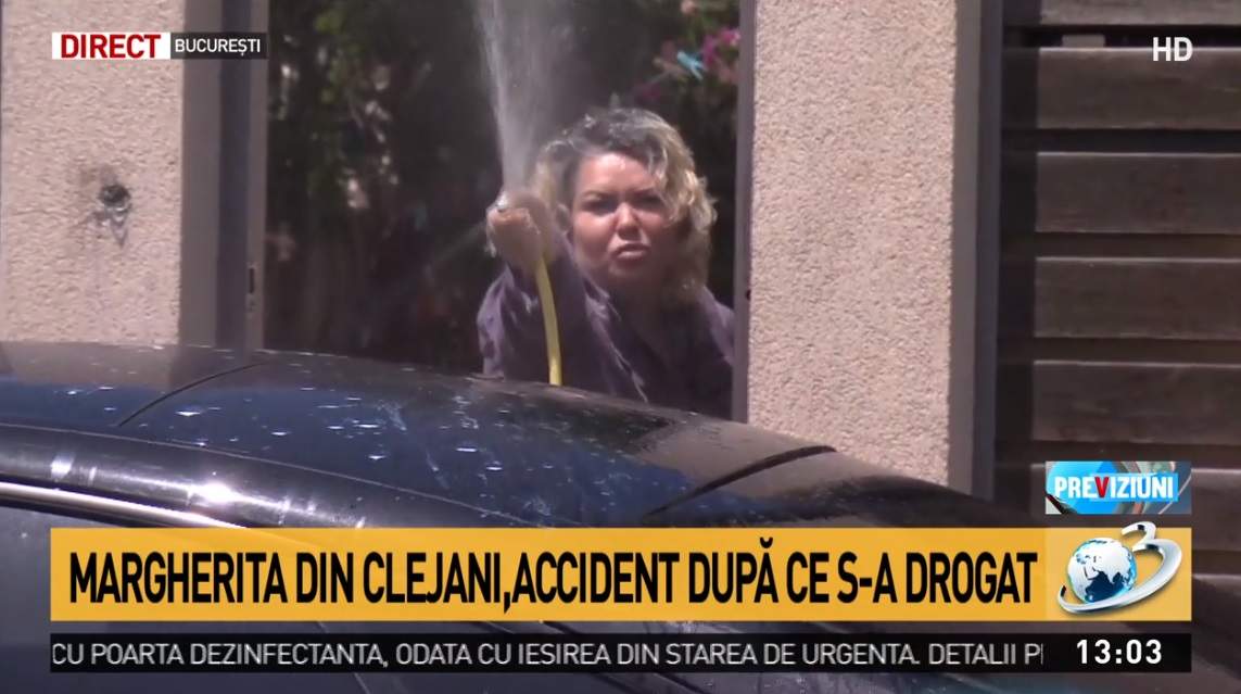 Viorica de la Clejani, ieșire nervoasă în direct. A aruncat o sticlă de lapte într-o jurnalistă și a stropit cu furtunul / VIDEO