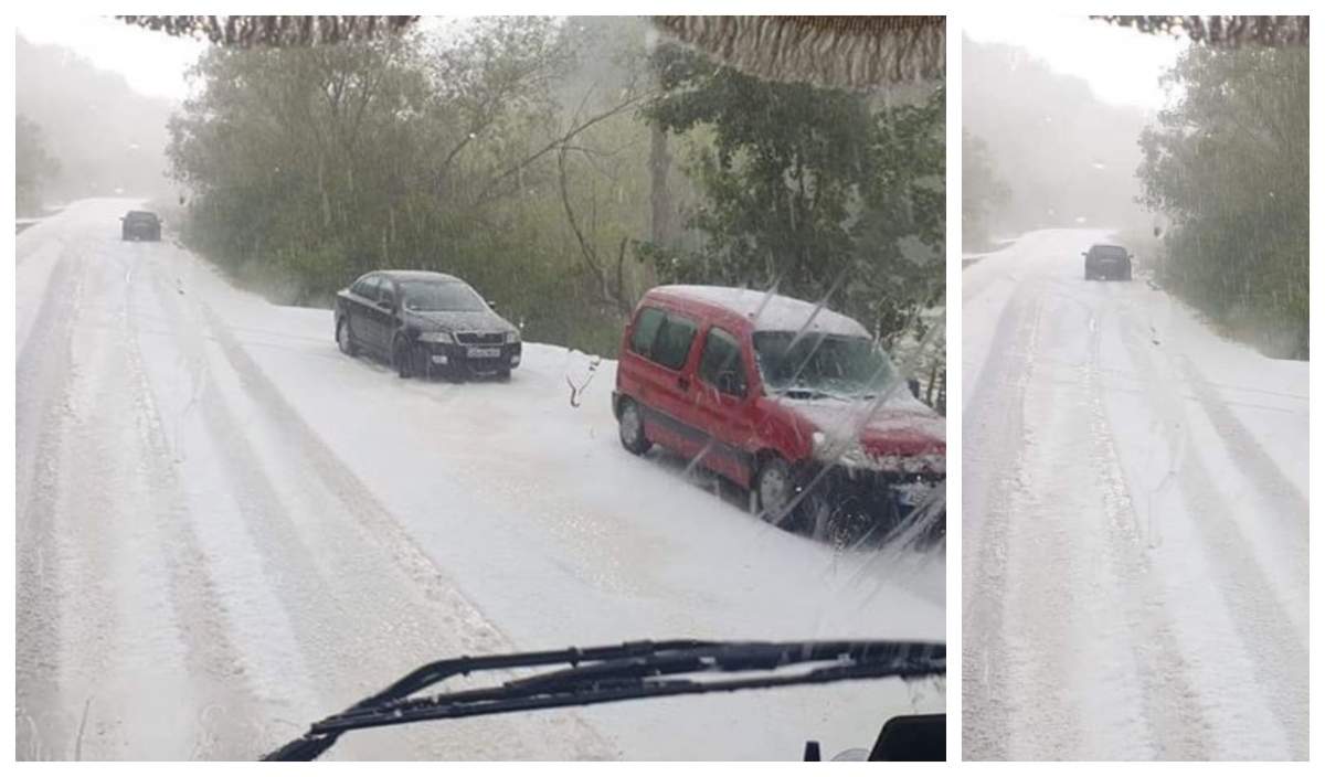 FOTO / Imagini apocaliptice în Alba! Drumul judeţean a fost acoperit de un strat gros de gheaţă, după o furtună cu grindină