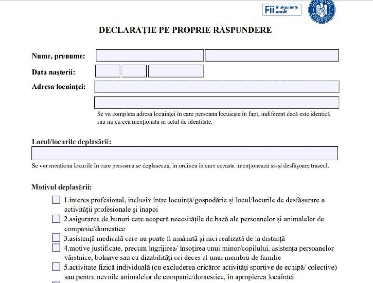 Declarația pe propria răspundere a fost schimbată. Ce modificări a suportat actul necesar românilor în contextul pandemiei