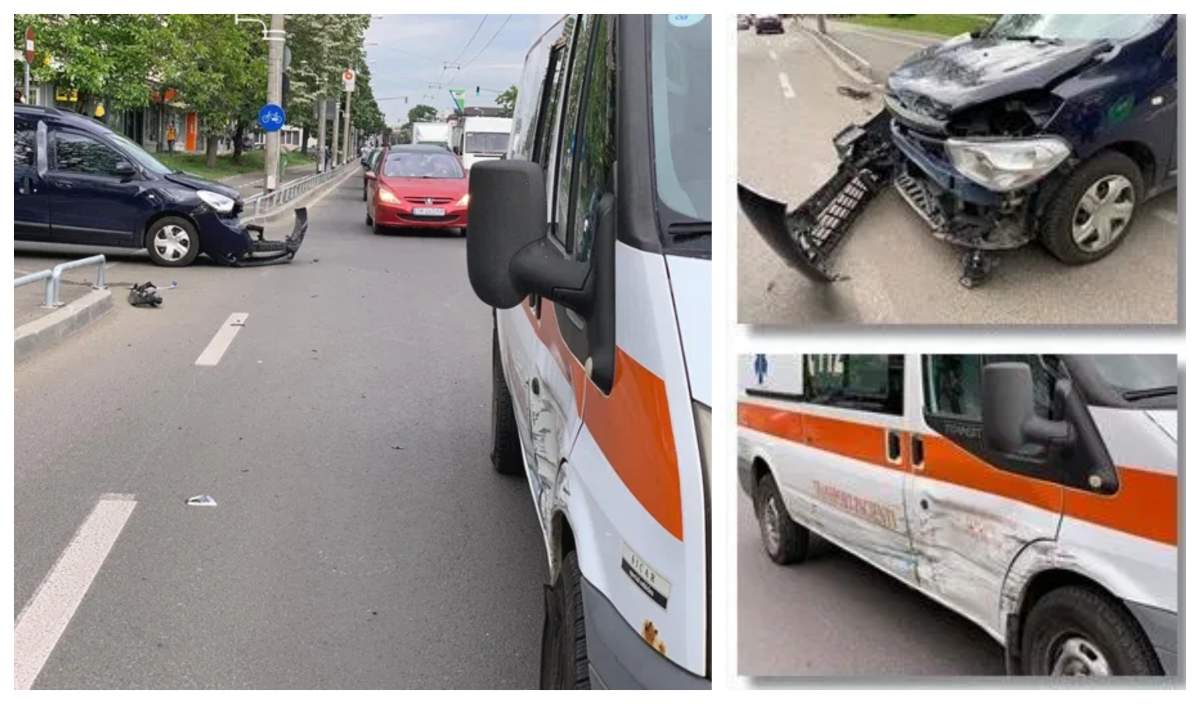 Accident ciudat la Timișoara. O ambulanță a fost lovită de o mașină fără șofer! Care este explicația