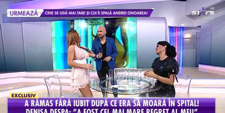 Upsi! Denisa Despa, fără haine în direct! Udă din cap până în picioare, sânii dansatoarei au ieșit imediat la.. înaintare: ”Nu am nimic pe mine” 