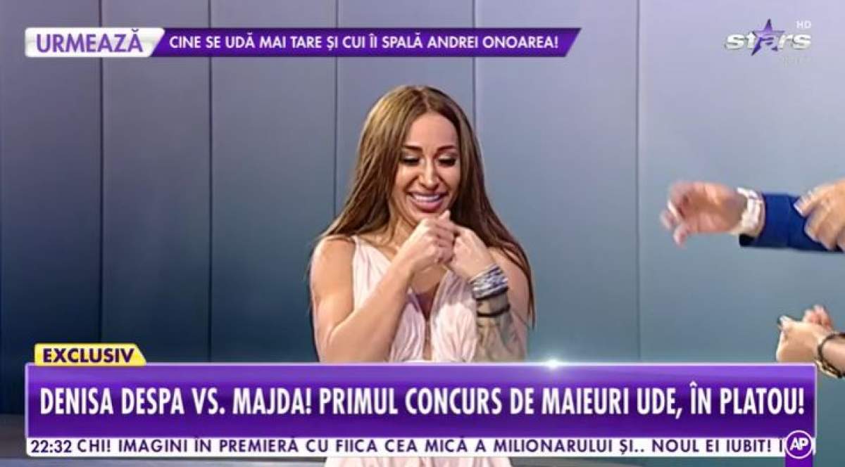 Upsi! Denisa Despa, fără haine în direct! Udă din cap până în picioare, sânii dansatoarei au ieșit imediat la.. înaintare: ”Nu am nimic pe mine” 