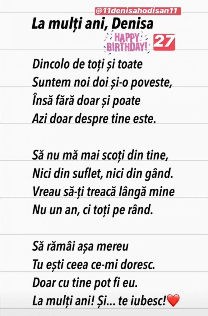 Flick i-a dedicat Denisei, de ziua sa, cea mai emoționantă declarație de dragoste, în versuri.  Vedeta a spus primul ”te iubesc” / FOTO