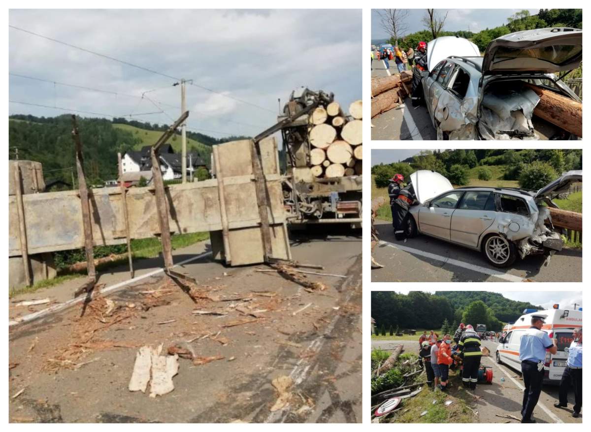 Doi adulți și un copil, răniți grav după ce un camion de bușteni s-a răsturnat peste ei, în Suceava!