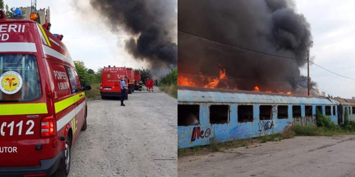 Incendiu puternic în Capitală! Mai multe vagoane de tren au luat foc, în zona Calea Giulești! / FOTO