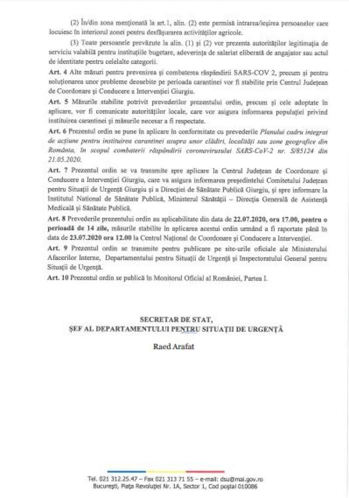 Este oficial! Prima localitate din România în carantină pentru 14 zile! Ce scrie în ordinul semnat de Raed Arafat