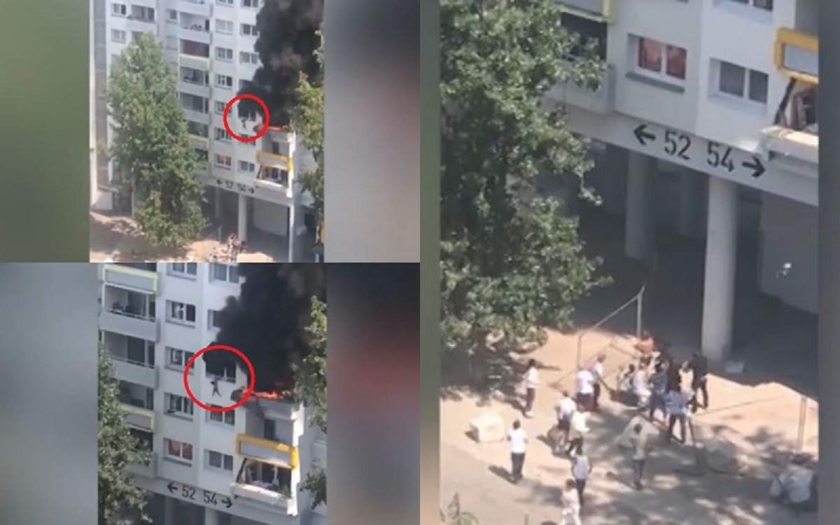 Imagini înfiorătoare cu doi copii care cad de la fereastra unui apartament mistuit de flăcări! Vecinii le strigau disperați să sară! / FOTO
