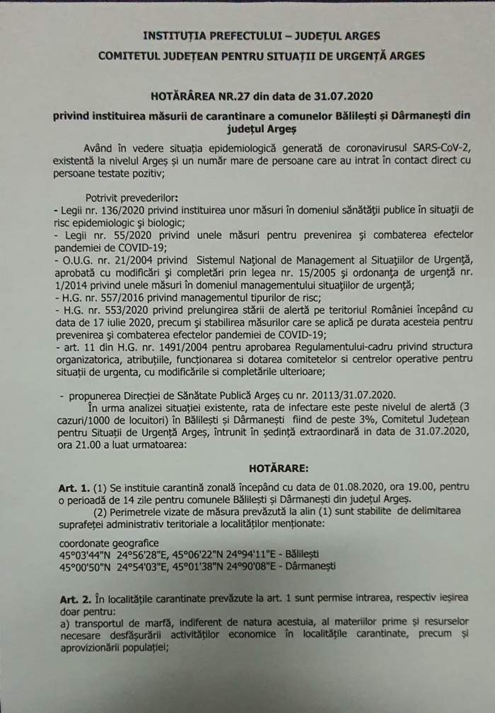 Primele două localități carantinate din Argeș au fost anunțate! Cât va fi menținută măsura