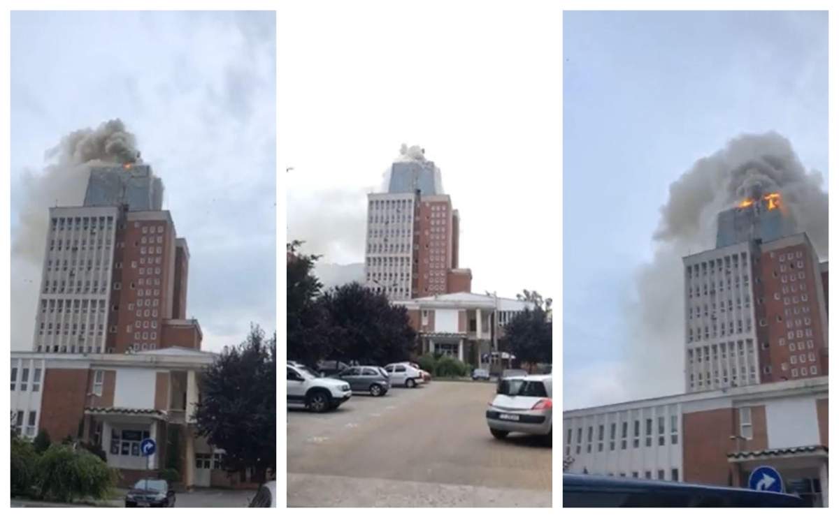 Incendiu la Primăria Reșița! Flăcările au izbucnit la ultimul etaj al clădirii: „Arde ca turnurile gemene! Nu au cum să-l stingă” / VIDEO