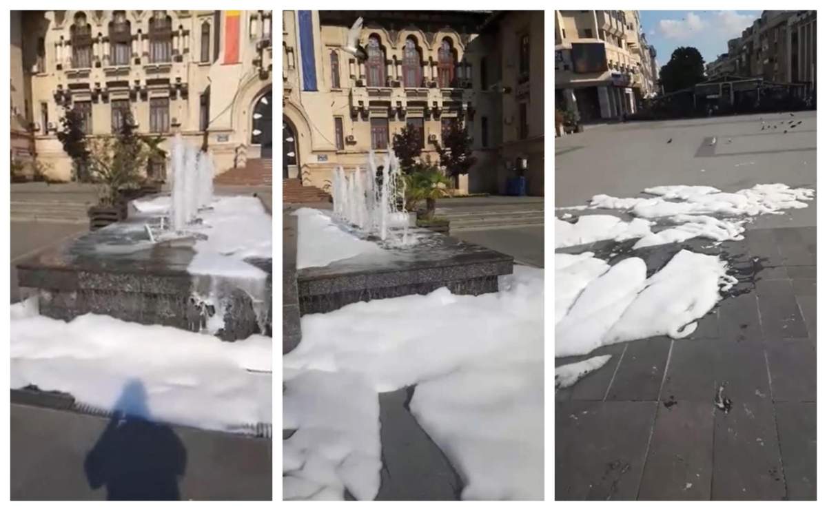 Farsă de zile mari în centrul Craiovei! Fântâna arteziană a arătat pentru câteva ore bune ca un jacuzzi cu spumă / VIDEO