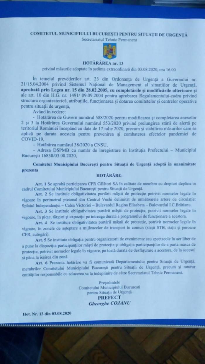 Document oficial! Masca de protecție, obligatorie și în aer liber, în București! Zonele în care trebuie purtată începând de mâine