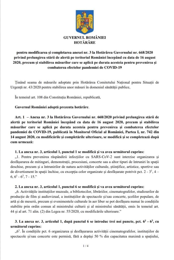 Hotărâre de Guvern: Restaurantele și cinematografele se redeschid pe 1 septembrie. Care sunt condițiile