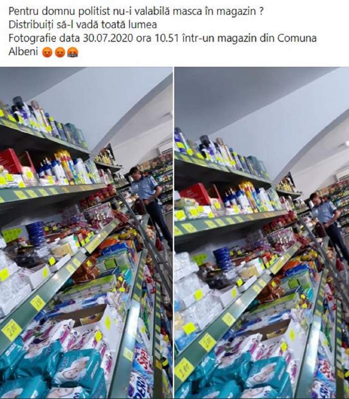 Polițist din Gorj, surprins fără mască de protecție în magazin! Ce amendă a primit chiar omul legii / FOTO