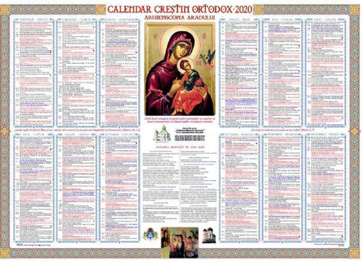 Calendarul ortodox pentru anul 2020. În partea de sus a imaginii este o icoană cu Maica Domnului și Iisus Hristos în brațe.