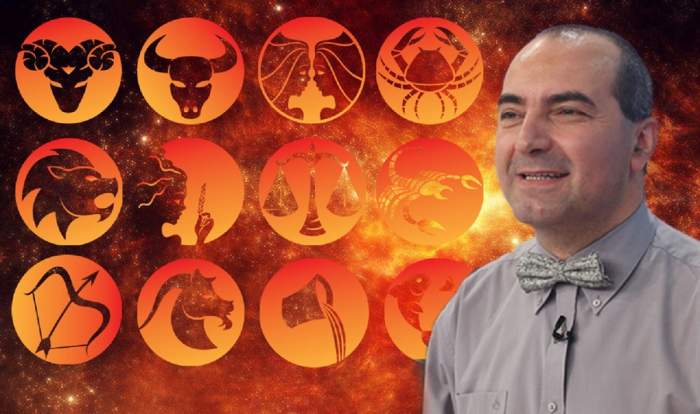 Astrologul Remus Ionescu este îmbrăcat în cămașă și cu papion la gât. Lângă el sunt amplasate iconițe cu fiecare zodie în parte.